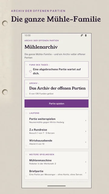 Startseite: Fund des Tages, das Archiv der offenen Partien mit 136 Funden, laufende Partien und weitere Spielweisen.