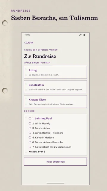 Z.s Rundreise: Auswahl eines Talismans und die sieben Stationen der Reise mit Kerzen.