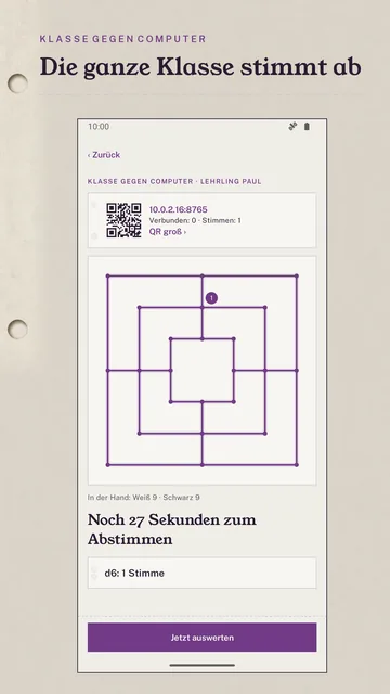 Klasse gegen Computer: QR-Code zum Beitreten, das Brett und „Noch 27 Sekunden zum Abstimmen“.