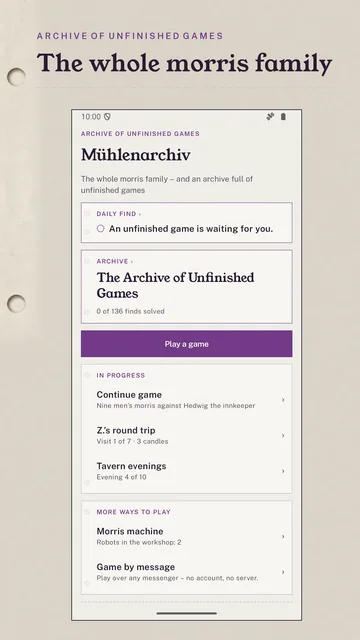 Home screen: the daily find, the archive of unfinished games, games in progress and other ways to play.