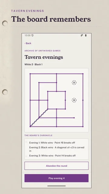 Tavern evenings: a board with broken-off points and a carved diagonal, with the chronicle of past evenings below.
