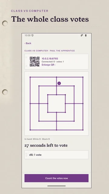 Class vs computer: a QR code to join, the board and a countdown for the vote.