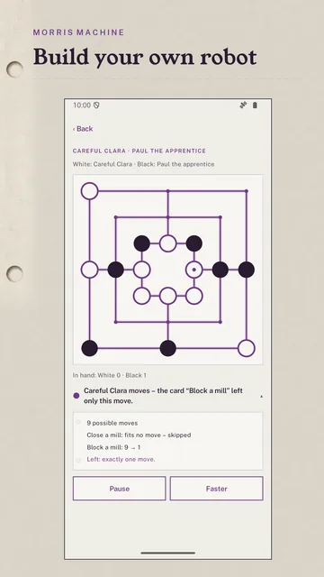 Morris machine: a robot playing against a character, with its rule cards and the card that decided the move below.